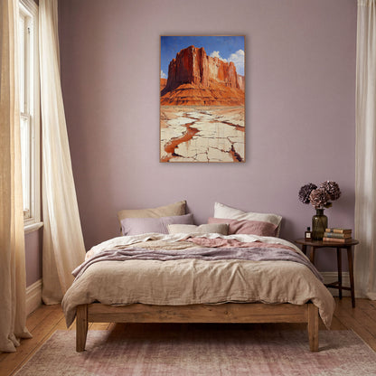 Cobalt Sky Butte Cracked Earth Painterly wall art in a warm boho-style room – red rock mesa with layered cliffs above