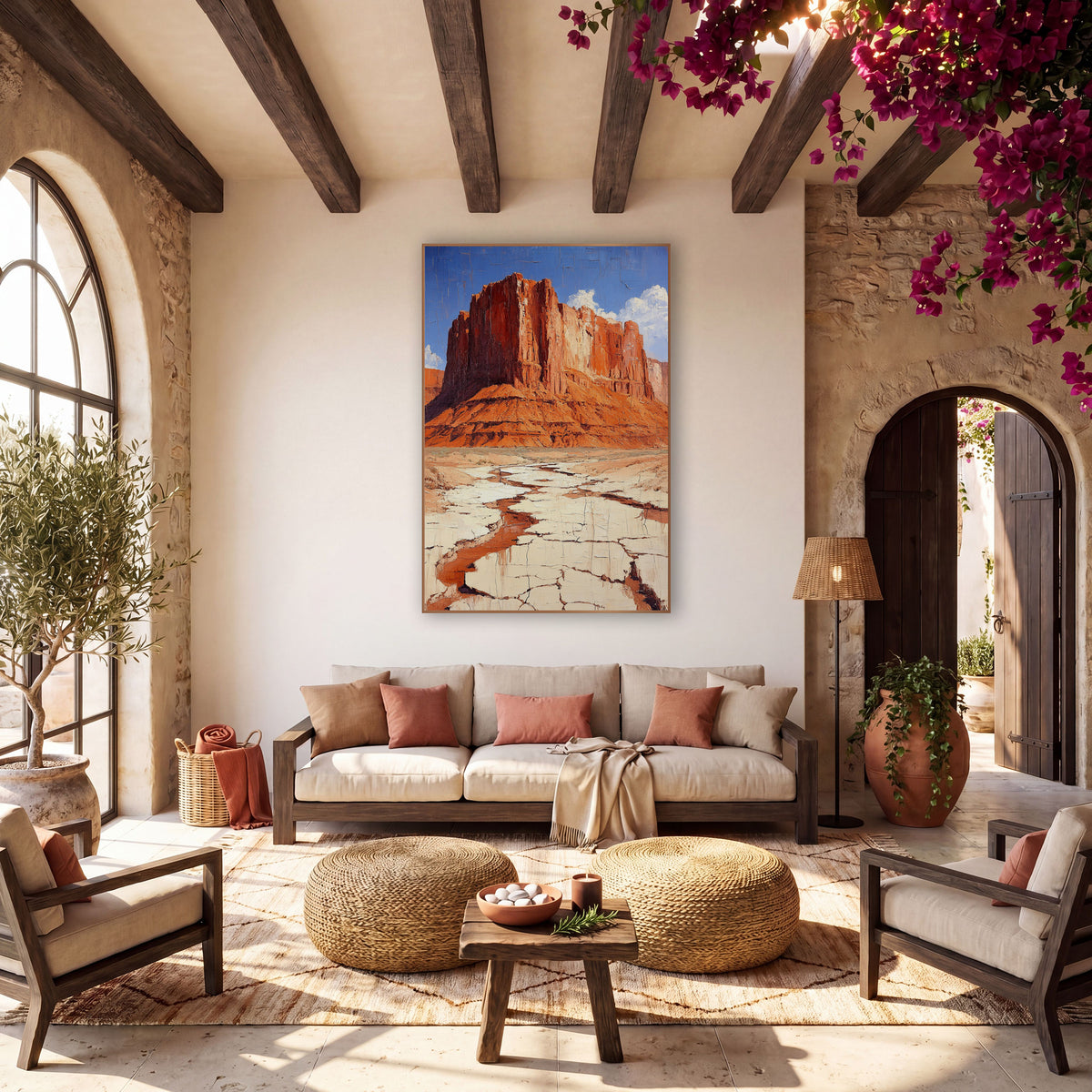 Cobalt Sky Butte Cracked Earth Painterly wall art in a warm boho-style room – red rock mesa with layered cliffs above