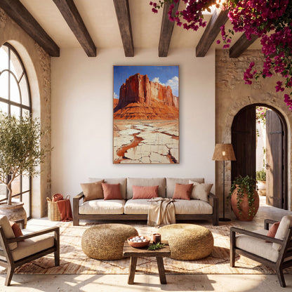 Cobalt Sky Butte Cracked Earth Painterly wall art in a warm boho-style room – red rock mesa with layered cliffs above