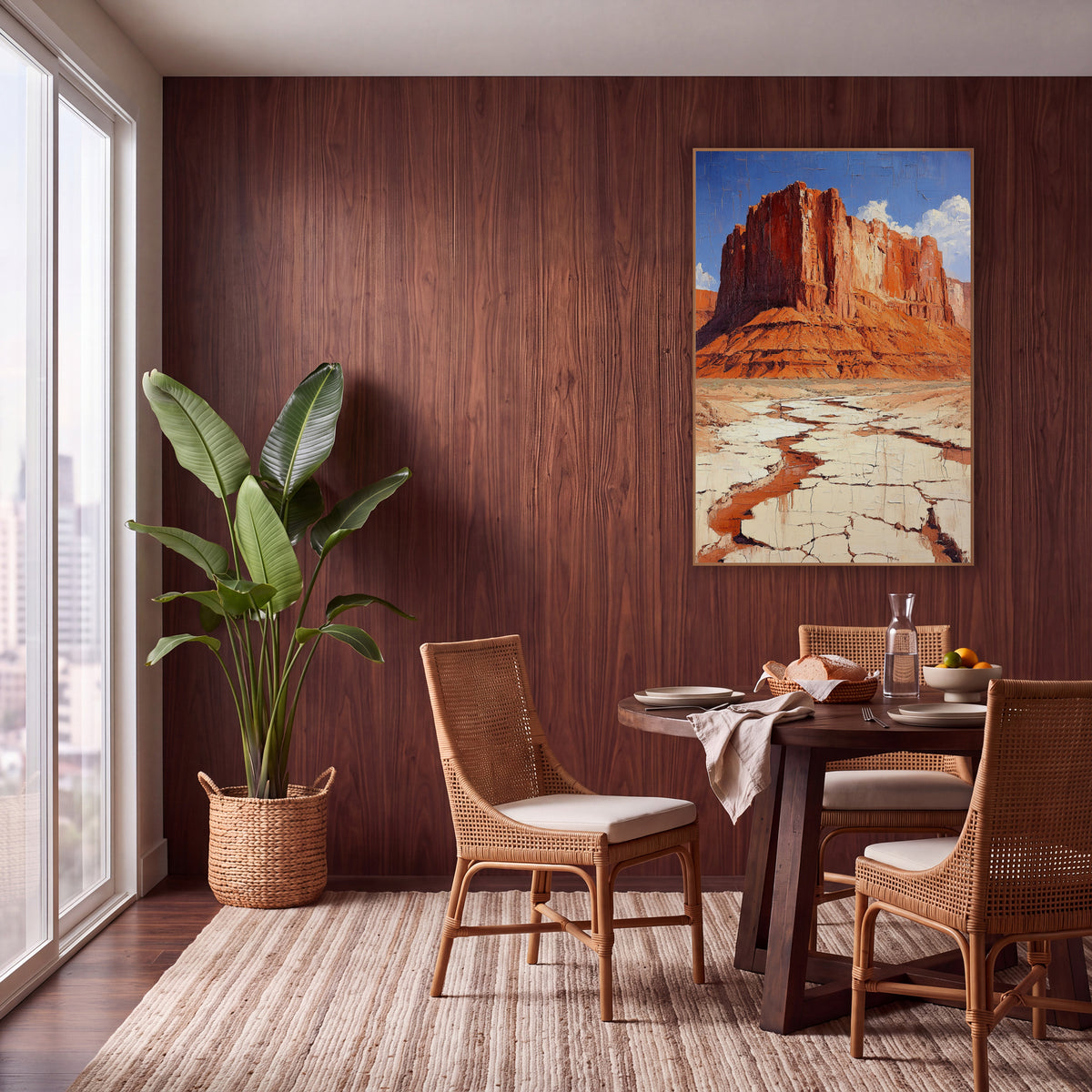 Cobalt Sky Butte Cracked Earth Painterly wall art in a warm boho-style room – red rock mesa with layered cliffs above