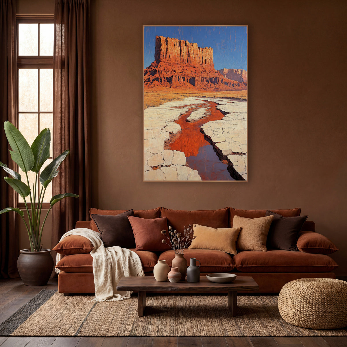 Red Mesa Desert Stream Boho wall art in a warm boho-style room – tall red rock mesa under a blue sky above golden