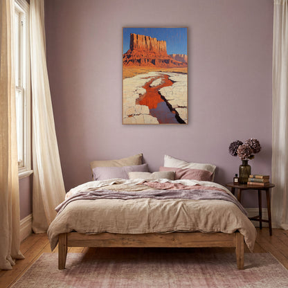 Red Mesa Desert Stream Boho wall art in a warm boho-style room – tall red rock mesa under a blue sky above golden