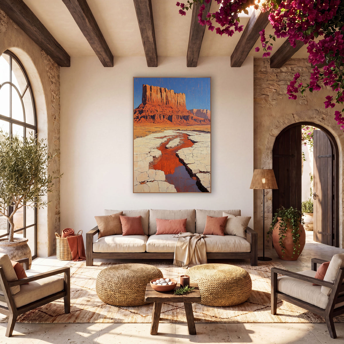 Red Mesa Desert Stream Boho wall art in a warm boho-style room – tall red rock mesa under a blue sky above golden