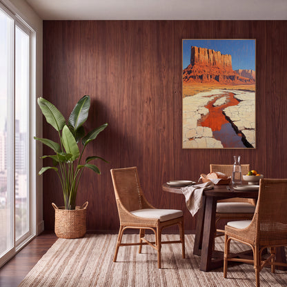 Red Mesa Desert Stream Boho wall art in a warm boho-style room – tall red rock mesa under a blue sky above golden