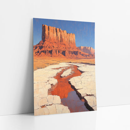 Red Mesa Desert Stream Boho art print leaning against a white wall – tall red rock mesa under a blue sky above golden grass