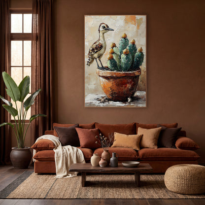 Roadrunner Clay Pot Boho wall art in a warm boho-style room – roadrunner perched on a terracotta pot beside blue-green
