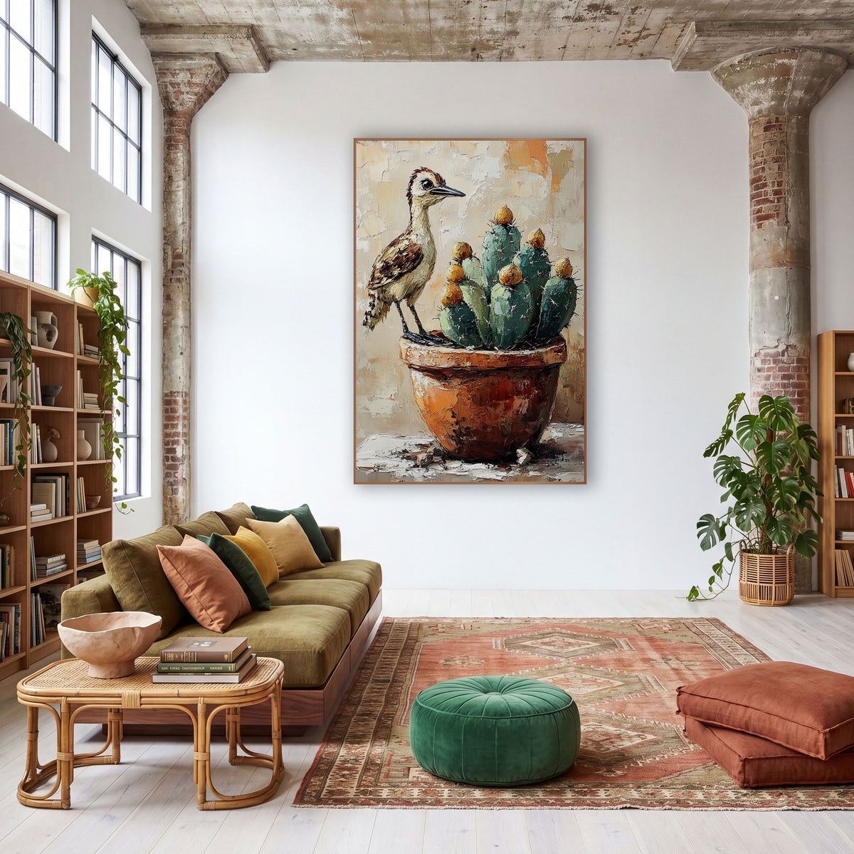 Roadrunner Clay Pot Boho wall art in a warm boho-style room – roadrunner perched on a terracotta pot beside blue-green