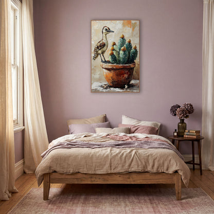 Roadrunner Clay Pot Boho wall art in a warm boho-style room – roadrunner perched on a terracotta pot beside blue-green