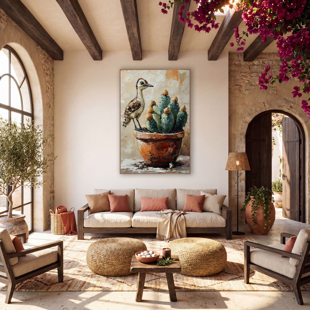 Roadrunner Clay Pot Boho wall art in a warm boho-style room – roadrunner perched on a terracotta pot beside blue-green
