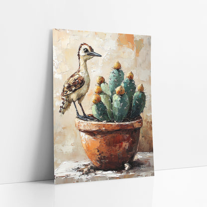 Roadrunner Clay Pot Boho art print leaning against a white wall – roadrunner perched on a terracotta pot beside blue-green