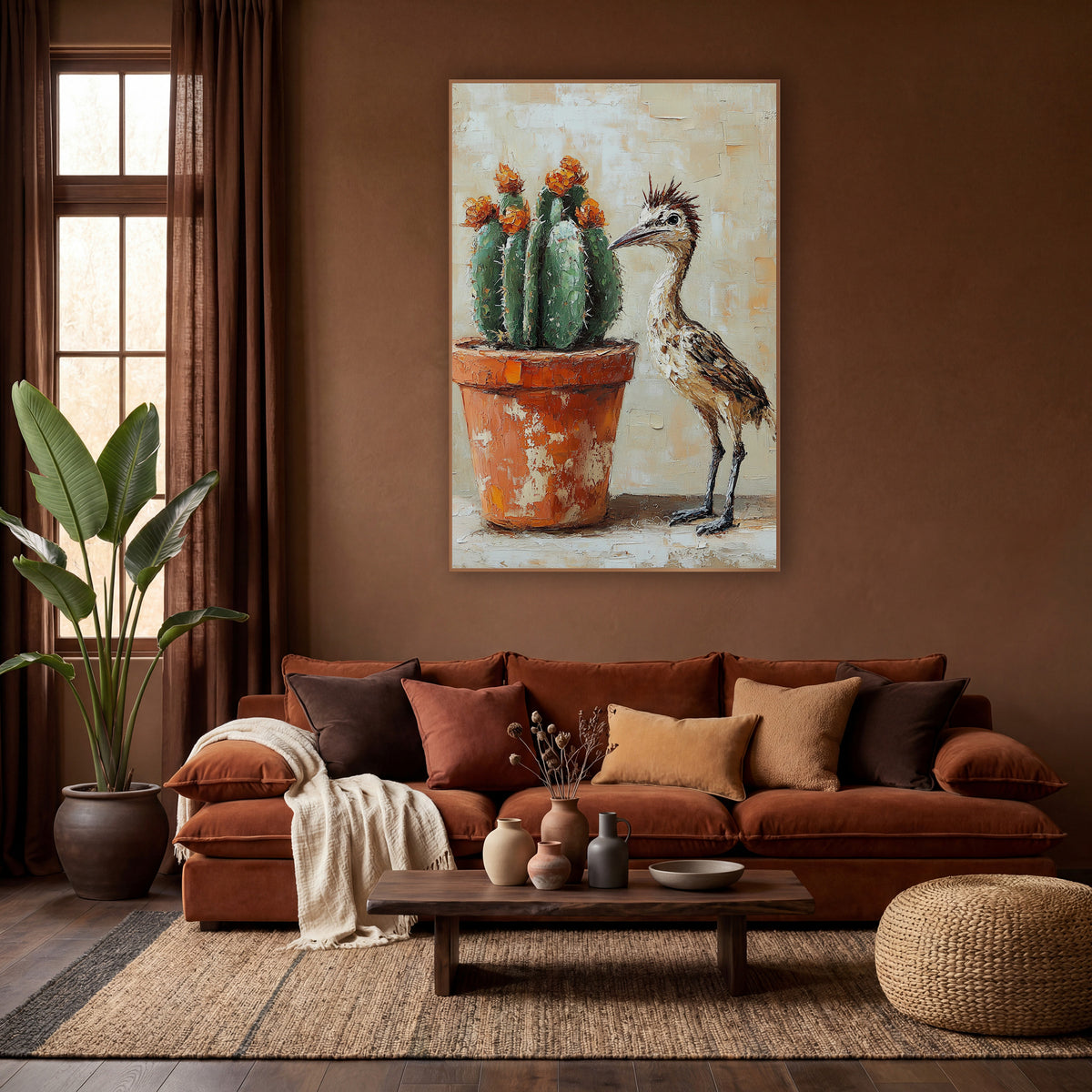 Roadrunner Orange Blossom Cactus Painterly wall art in a warm boho-style room – roadrunner with spiky crest standing