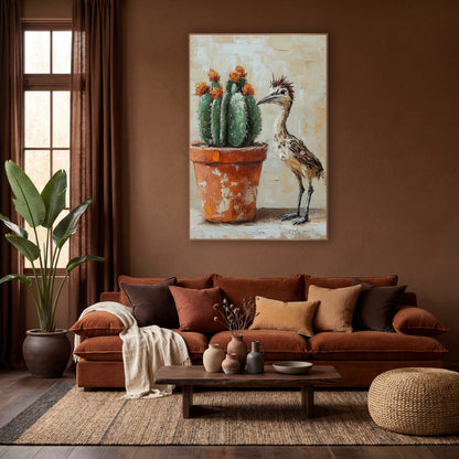 Roadrunner Orange Blossom Cactus Painterly wall art in a warm boho-style room – roadrunner with spiky crest standing