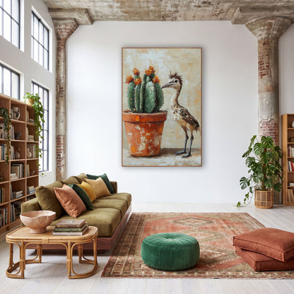 Roadrunner Orange Blossom Cactus Painterly wall art in a warm boho-style room – roadrunner with spiky crest standing