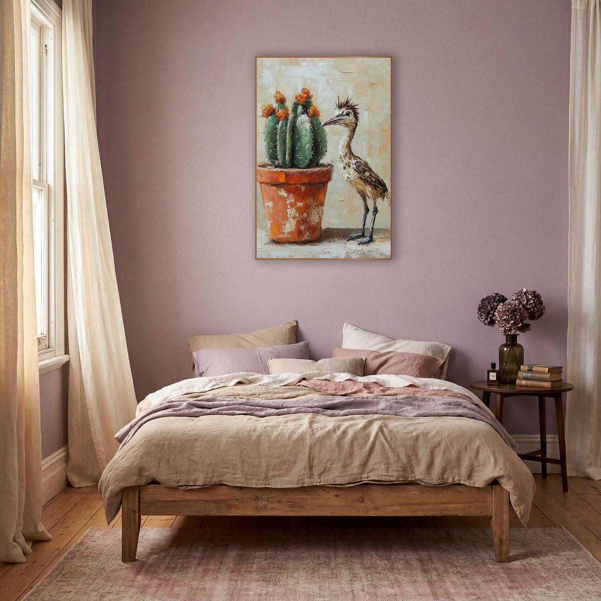 Roadrunner Orange Blossom Cactus Painterly wall art in a warm boho-style room – roadrunner with spiky crest standing