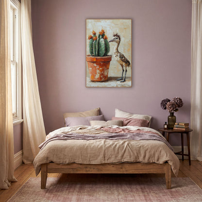 Roadrunner Orange Blossom Cactus Painterly wall art in a warm boho-style room – roadrunner with spiky crest standing