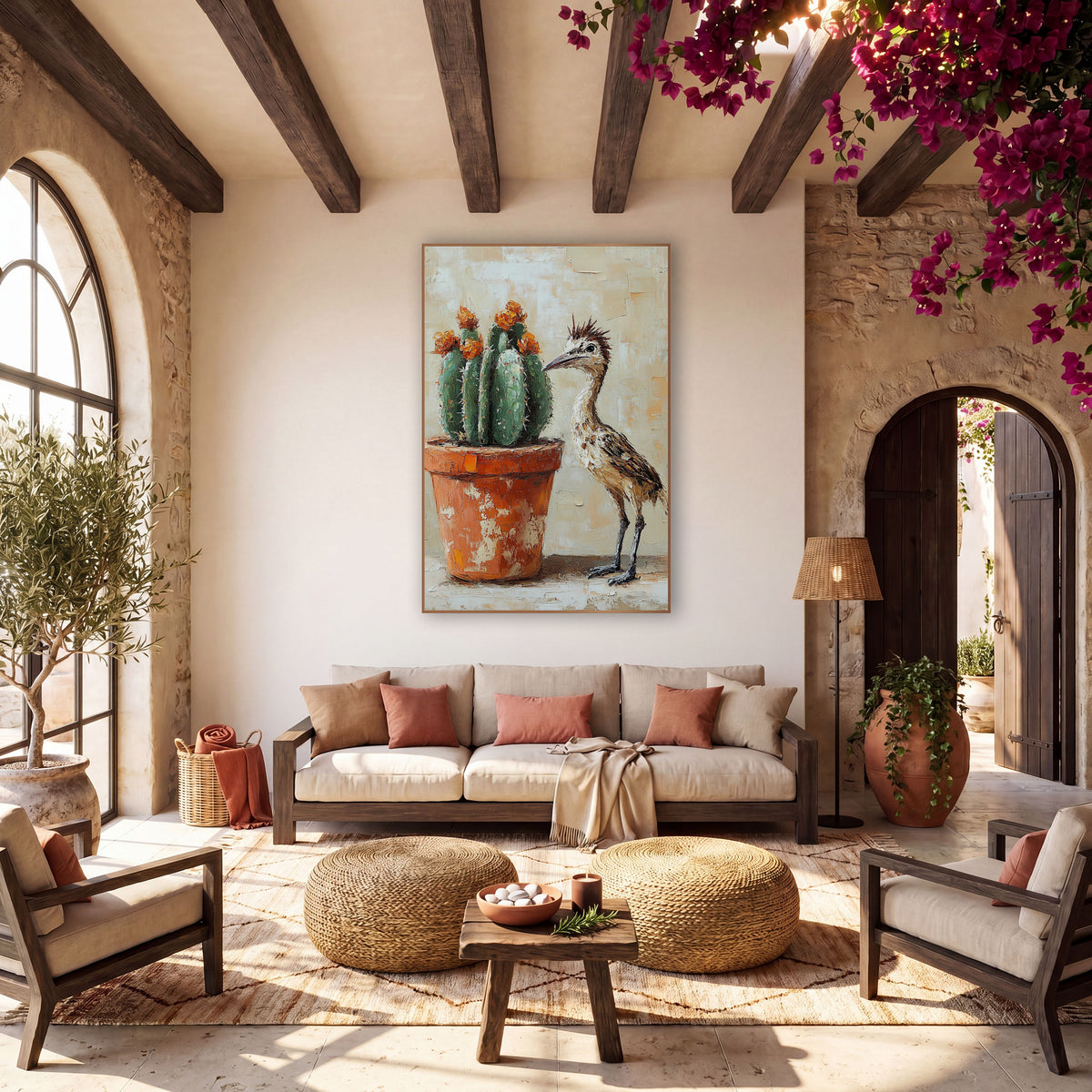 Roadrunner Orange Blossom Cactus Painterly wall art in a warm boho-style room – roadrunner with spiky crest standing