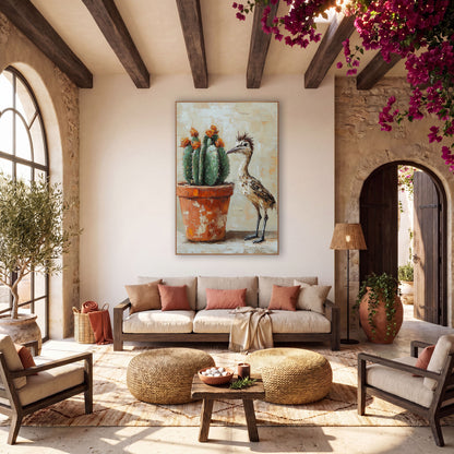 Roadrunner Orange Blossom Cactus Painterly wall art in a warm boho-style room – roadrunner with spiky crest standing
