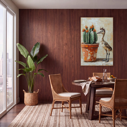 Roadrunner Orange Blossom Cactus Painterly wall art in a warm boho-style room – roadrunner with spiky crest standing