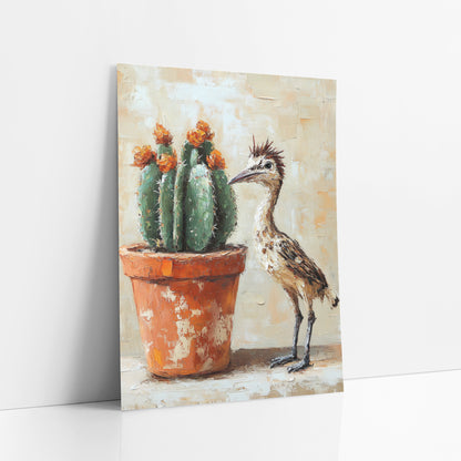 Roadrunner Orange Blossom Cactus Painterly art print leaning against a white wall – roadrunner with spiky crest standing