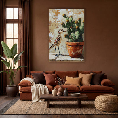 Southwestern Roadrunner Cactus Boho wall art in a warm boho-style room – roadrunner standing on a stone ledge