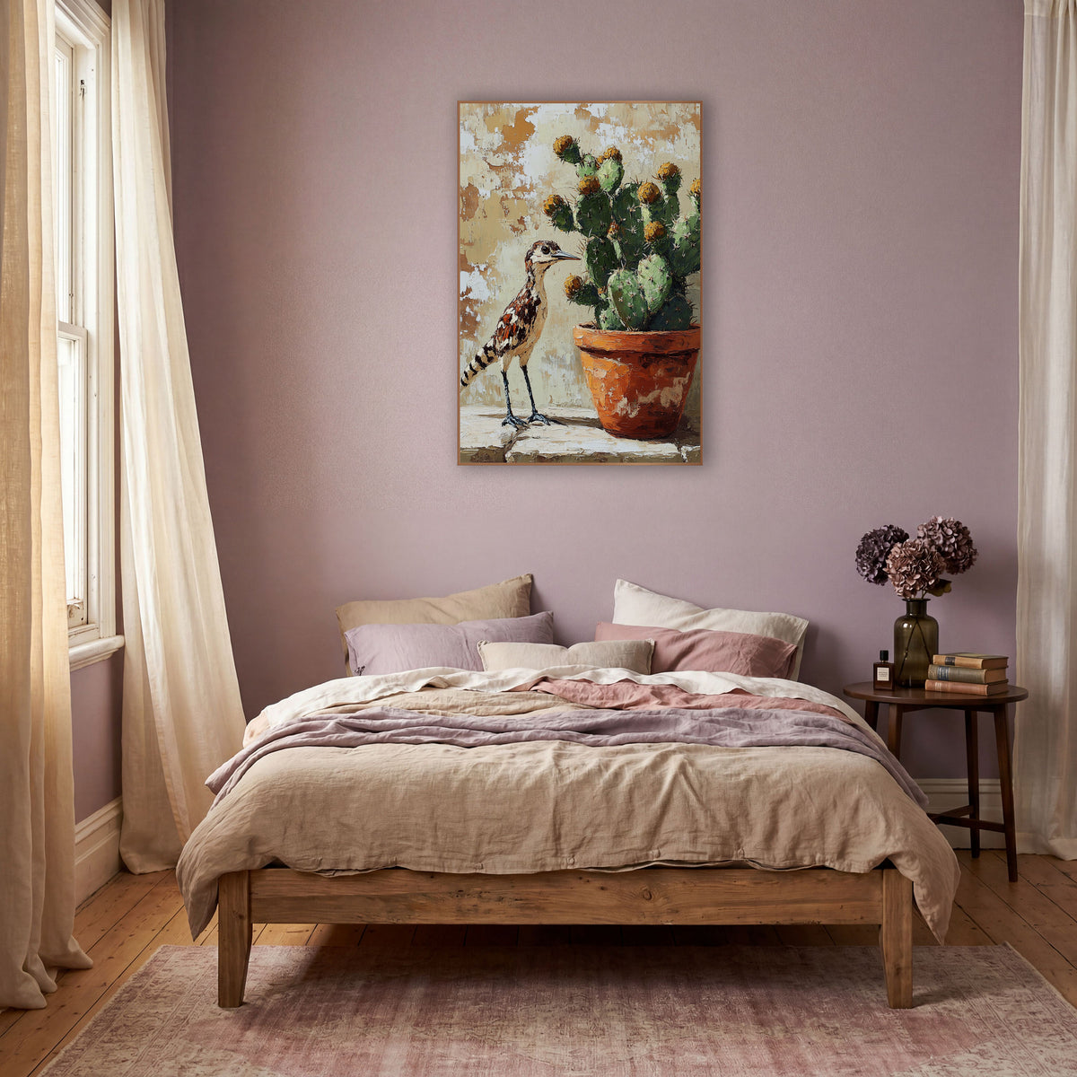 Southwestern Roadrunner Cactus Boho wall art in a warm boho-style room – roadrunner standing on a stone ledge