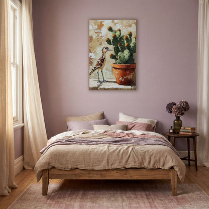 Southwestern Roadrunner Cactus Boho wall art in a warm boho-style room – roadrunner standing on a stone ledge