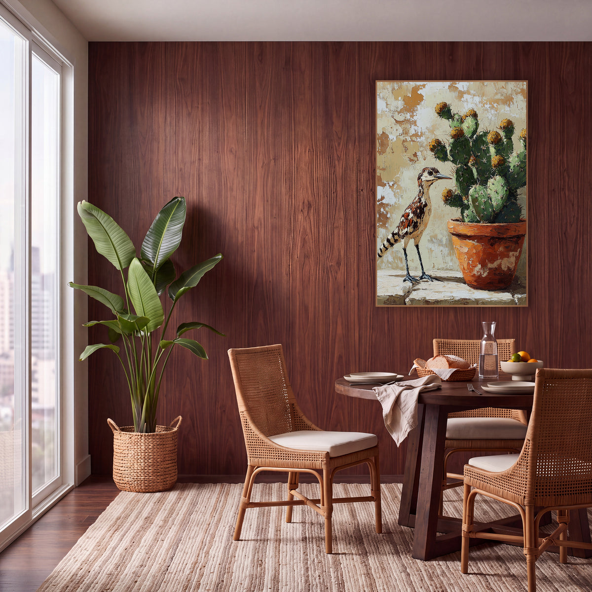 Southwestern Roadrunner Cactus Boho wall art in a warm boho-style room – roadrunner standing on a stone ledge