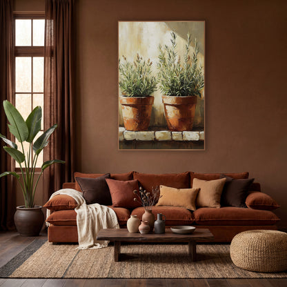 Twin Terracotta Herb Pots Brick Ledge wall art in a warm boho-style room – two terracotta pots with silvery-green