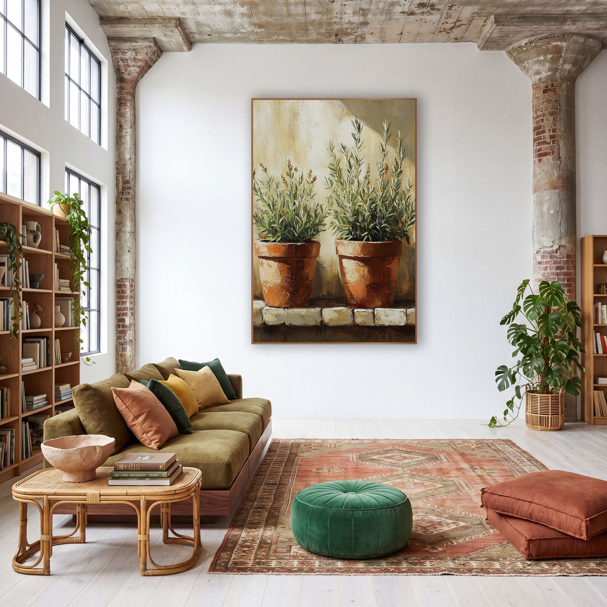 Twin Terracotta Herb Pots Brick Ledge wall art in a warm boho-style room – two terracotta pots with silvery-green