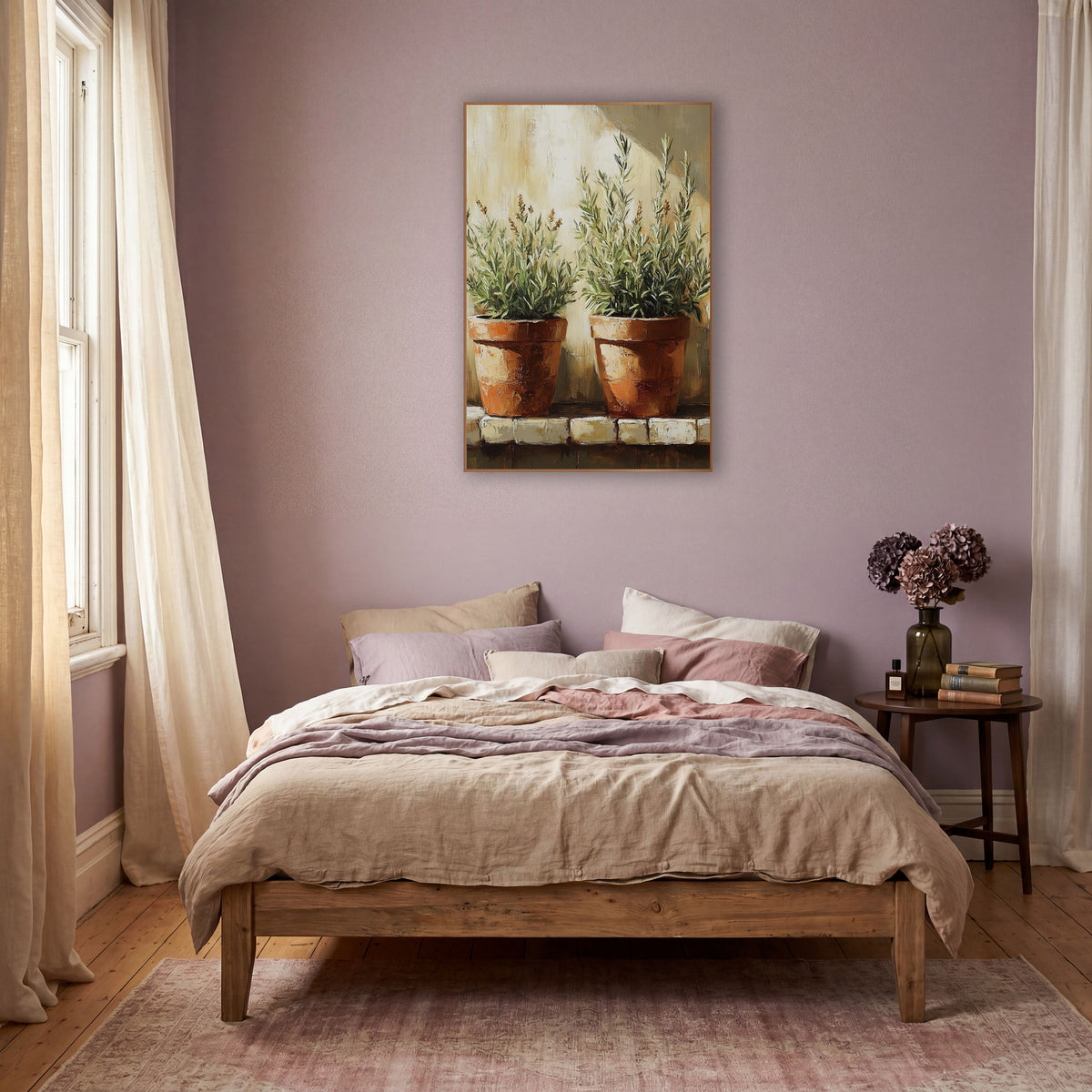 Twin Terracotta Herb Pots Brick Ledge wall art in a warm boho-style room – two terracotta pots with silvery-green