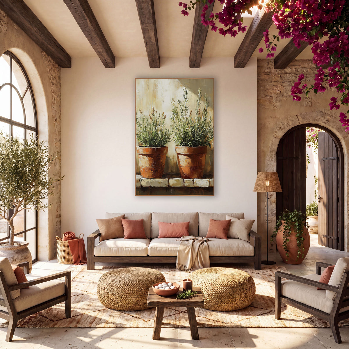 Twin Terracotta Herb Pots Brick Ledge wall art in a warm boho-style room – two terracotta pots with silvery-green