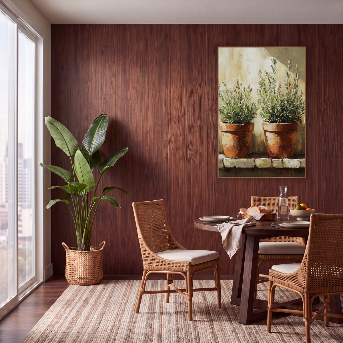Twin Terracotta Herb Pots Brick Ledge wall art in a warm boho-style room – two terracotta pots with silvery-green