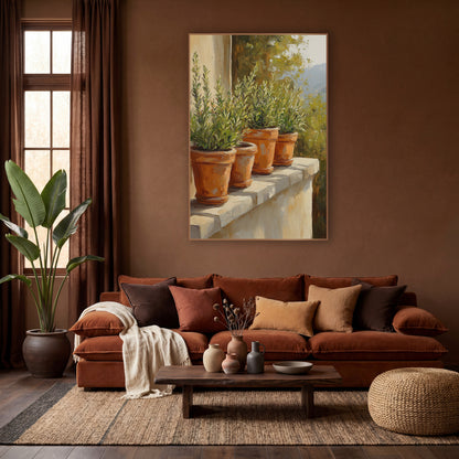 Four Herb Pots Sunlit Terrace wall art in a warm boho-style room – four terracotta pots of green herbs on a sunlit