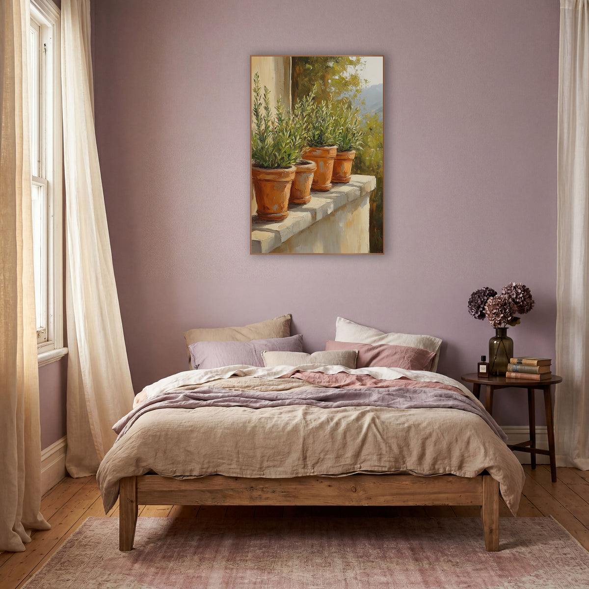 Four Herb Pots Sunlit Terrace wall art in a warm boho-style room – four terracotta pots of green herbs on a sunlit