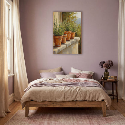Four Herb Pots Sunlit Terrace wall art in a warm boho-style room – four terracotta pots of green herbs on a sunlit