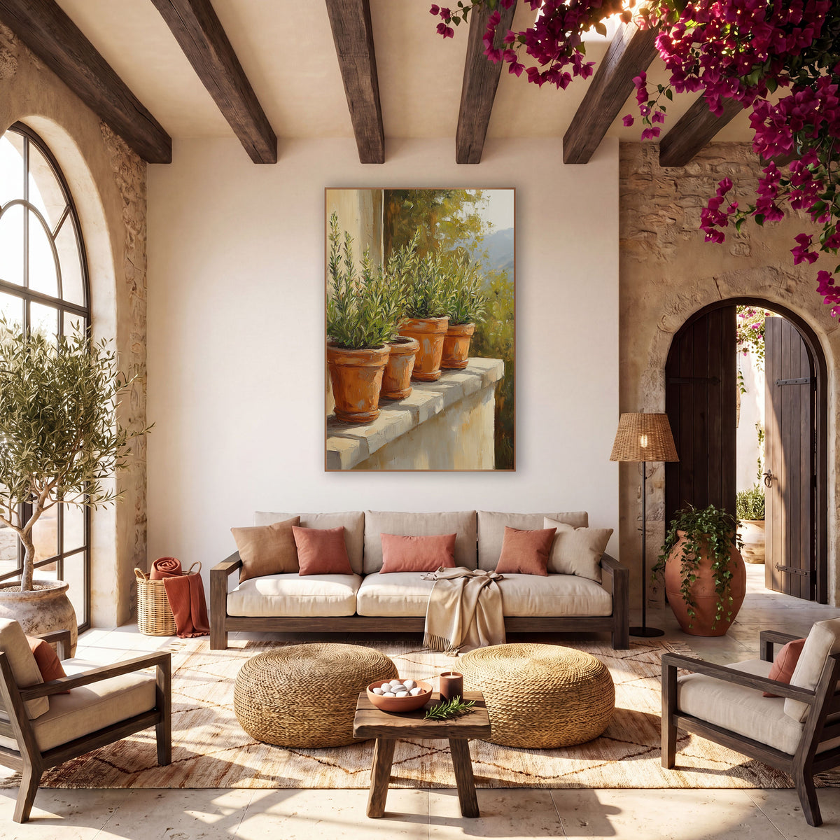Four Herb Pots Sunlit Terrace wall art in a warm boho-style room – four terracotta pots of green herbs on a sunlit