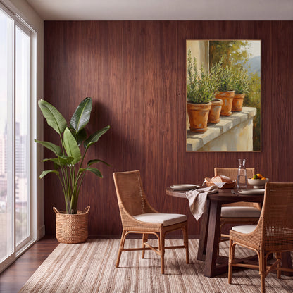 Four Herb Pots Sunlit Terrace wall art in a warm boho-style room – four terracotta pots of green herbs on a sunlit