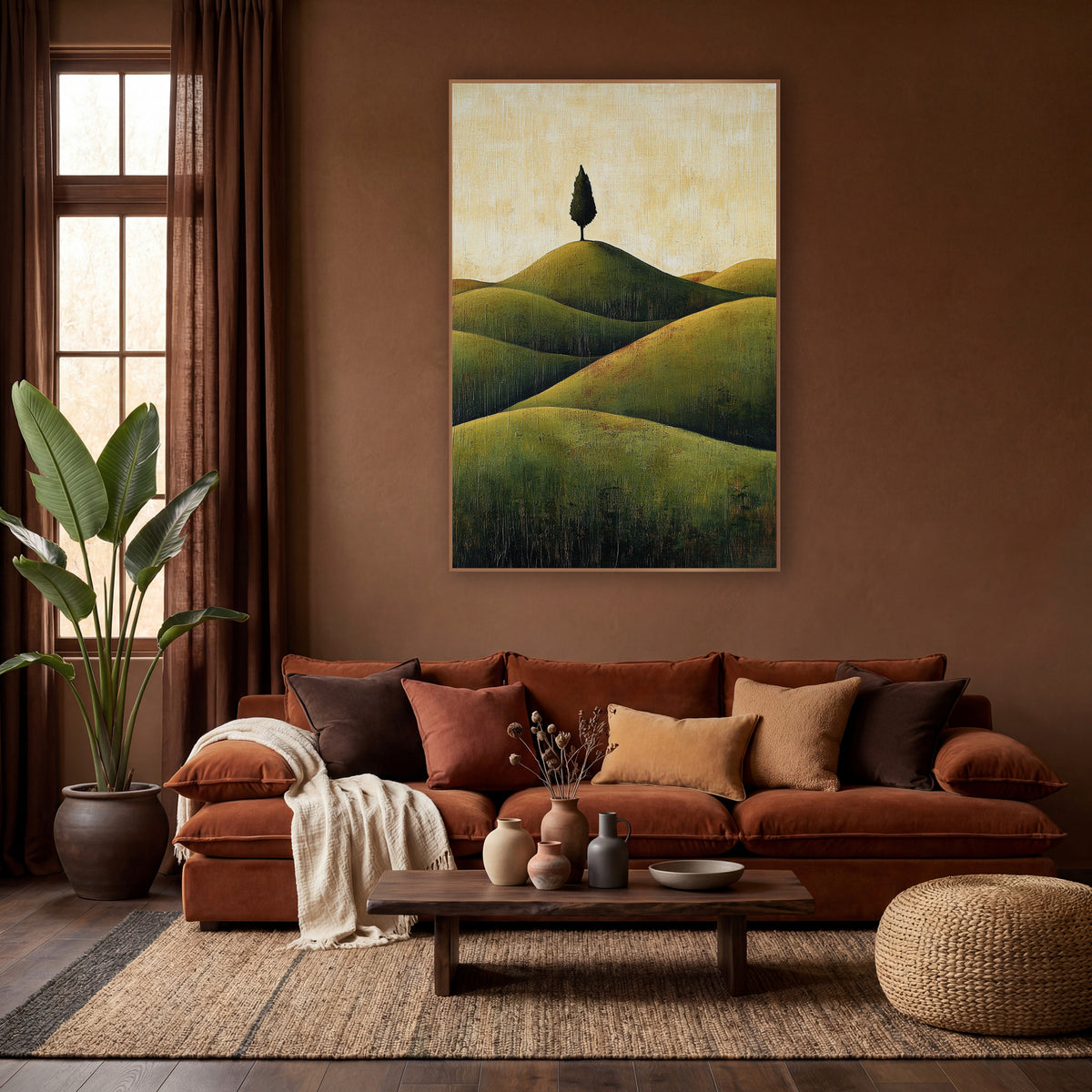 Lone Cypress Olive Hills Boho wall art in a warm boho-style room – single dark cypress tree on top of rounded olive