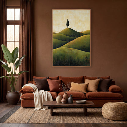 Lone Cypress Olive Hills Boho wall art in a warm boho-style room – single dark cypress tree on top of rounded olive