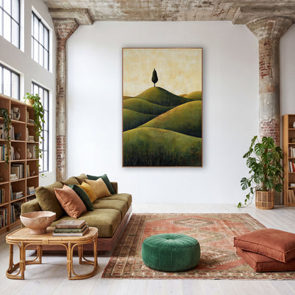 Lone Cypress Olive Hills Boho wall art in a warm boho-style room – single dark cypress tree on top of rounded olive