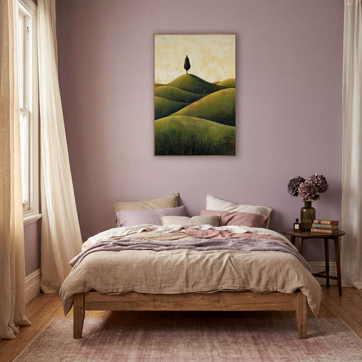 Lone Cypress Olive Hills Boho wall art in a warm boho-style room – single dark cypress tree on top of rounded olive