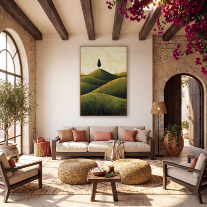 Lone Cypress Olive Hills Boho wall art in a warm boho-style room – single dark cypress tree on top of rounded olive