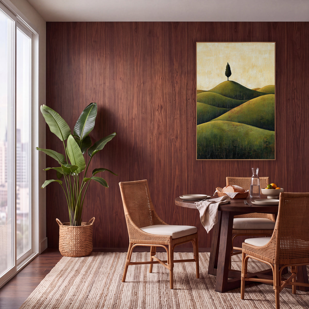 Lone Cypress Olive Hills Boho wall art in a warm boho-style room – single dark cypress tree on top of rounded olive