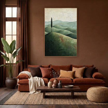 Tall Cypress Sage Ridges Cracked wall art in a warm boho-style room – single tall cypress on a rounded olive hill