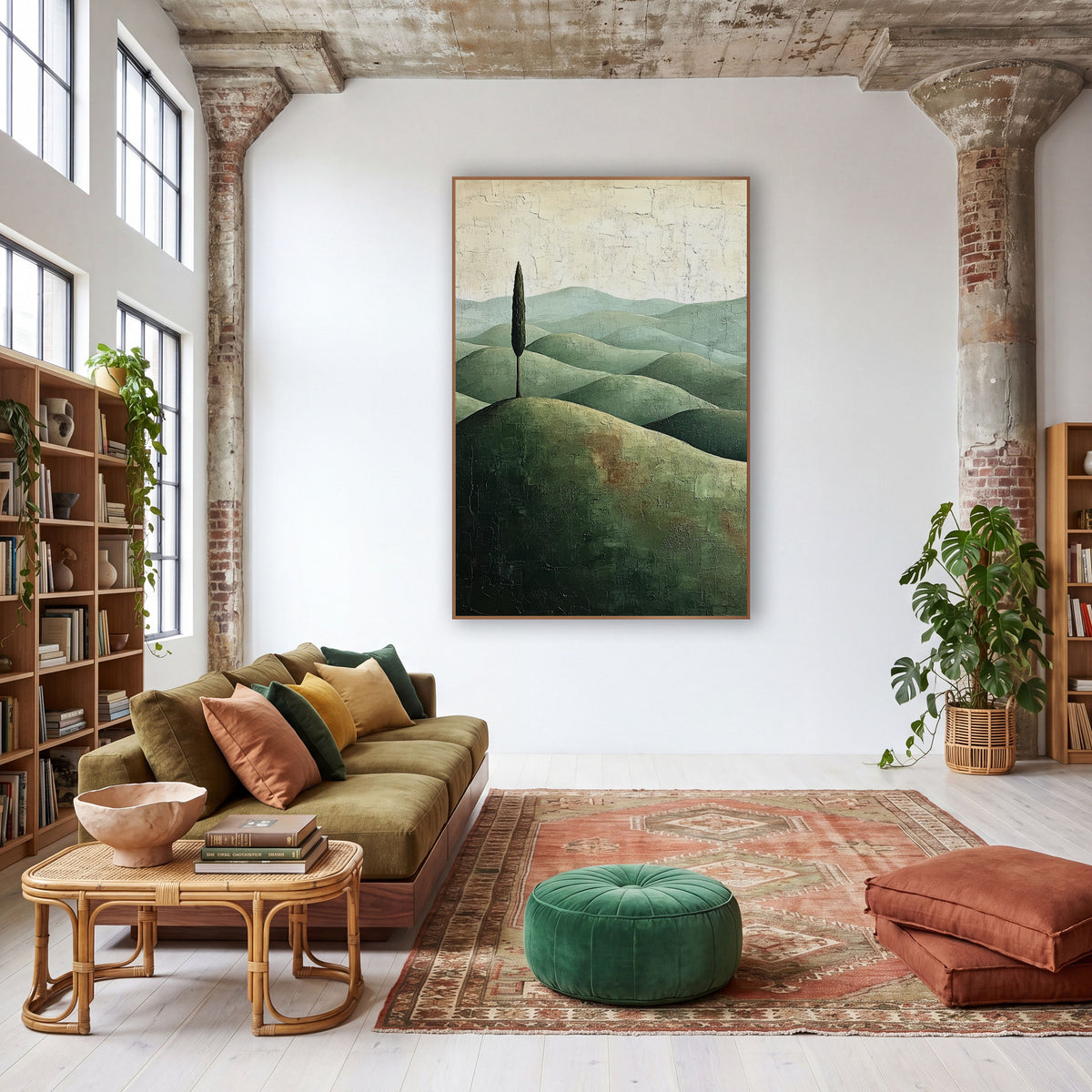 Tall Cypress Sage Ridges Cracked wall art in a warm boho-style room – single tall cypress on a rounded olive hill