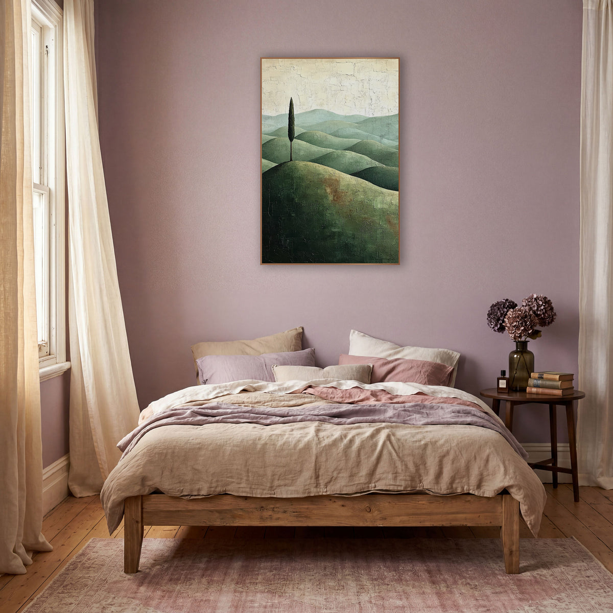 Tall Cypress Sage Ridges Cracked wall art in a warm boho-style room – single tall cypress on a rounded olive hill
