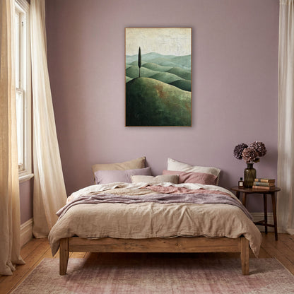 Tall Cypress Sage Ridges Cracked wall art in a warm boho-style room – single tall cypress on a rounded olive hill