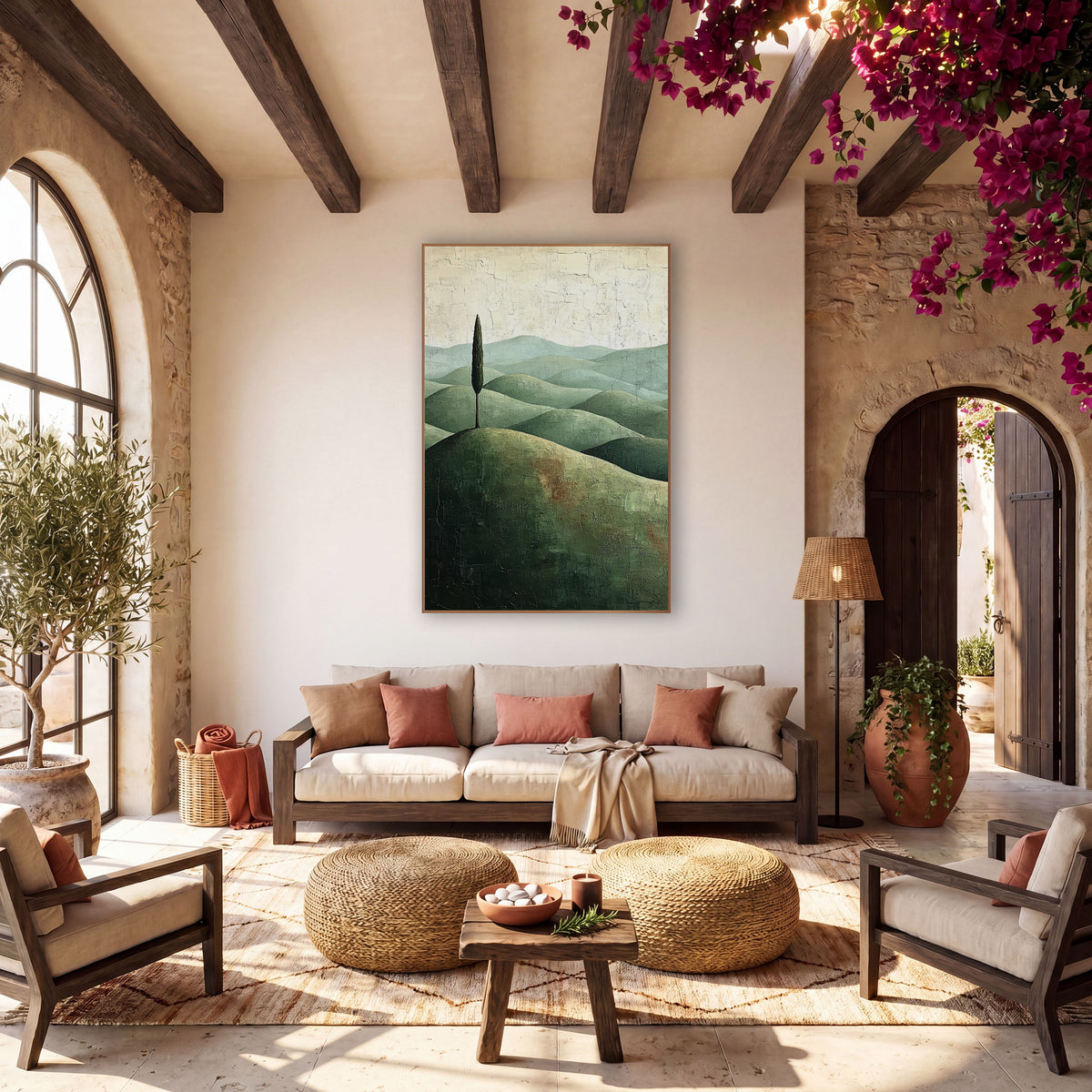 Tall Cypress Sage Ridges Cracked wall art in a warm boho-style room – single tall cypress on a rounded olive hill