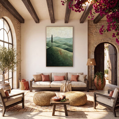 Tall Cypress Sage Ridges Cracked wall art in a warm boho-style room – single tall cypress on a rounded olive hill