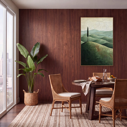 Tall Cypress Sage Ridges Cracked wall art in a warm boho-style room – single tall cypress on a rounded olive hill